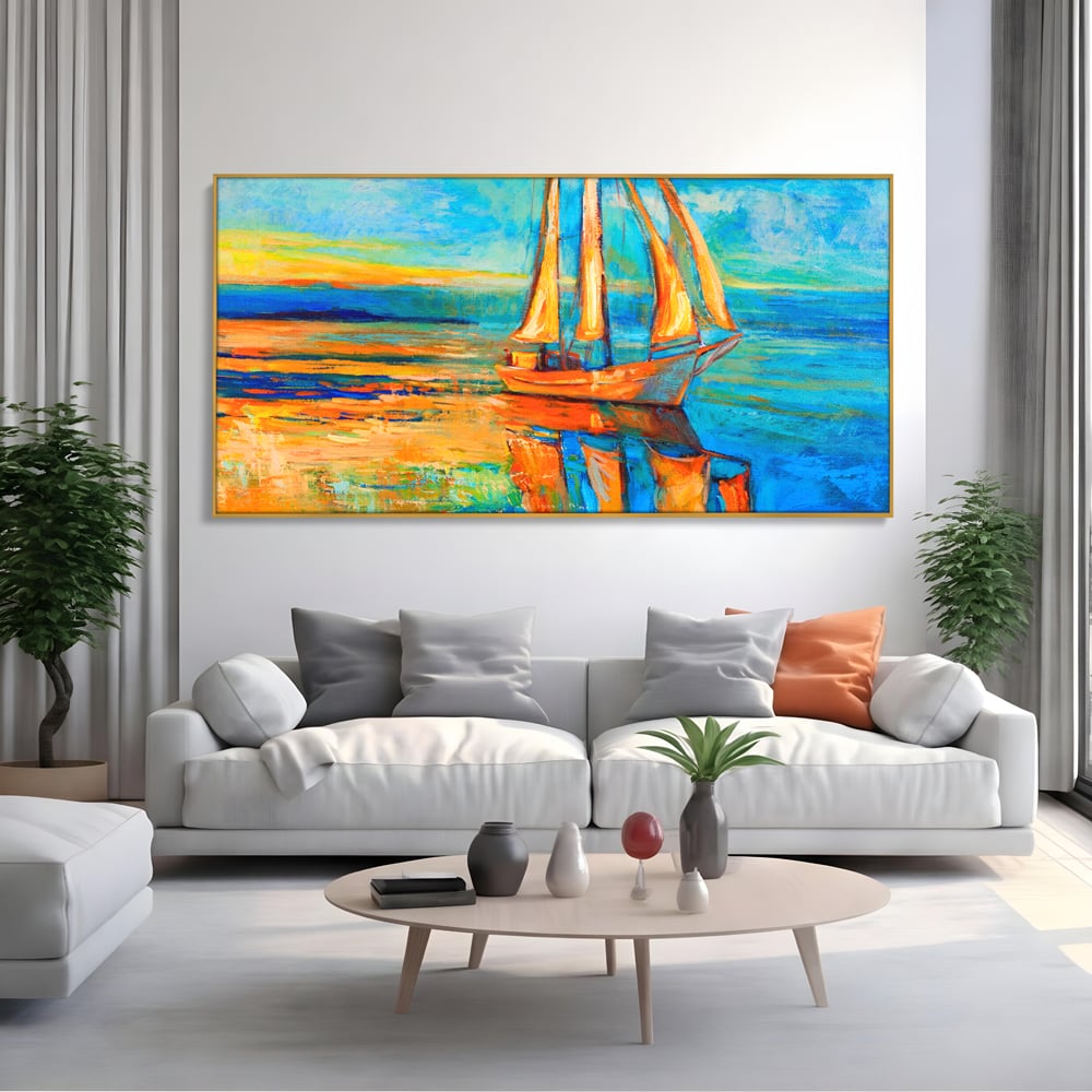 Tablou canvas cu tablou canvas cu barca cu panze pe marea portocalie, in rama de aluminiu auriu, pe perete intr-un living